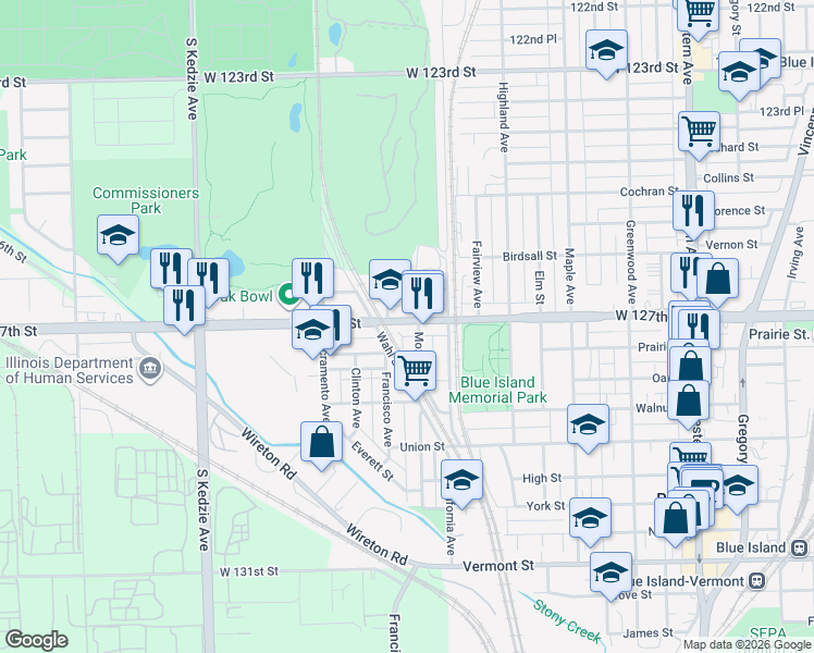 map of restaurants, bars, coffee shops, grocery stores, and more near 2841 West 127th Street in Blue Island
