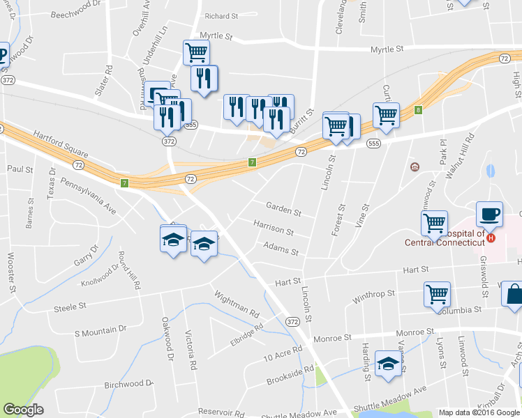 map of restaurants, bars, coffee shops, grocery stores, and more near 90 Garden St in New Britain