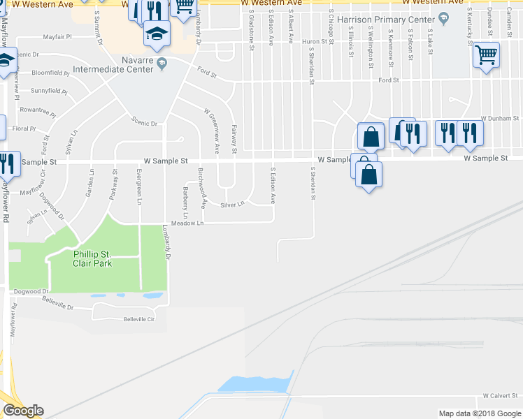 map of restaurants, bars, coffee shops, grocery stores, and more near 4216 Silver Lane in South Bend