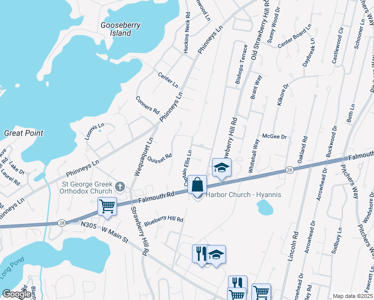 map of restaurants, bars, coffee shops, grocery stores, and more near 91 Captain Ellis Lane in Barnstable