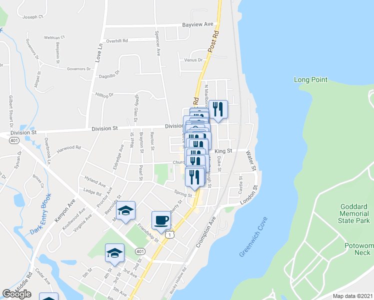 map of restaurants, bars, coffee shops, grocery stores, and more near 21 Court House Lane in East Greenwich