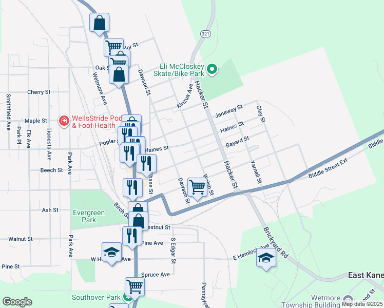 map of restaurants, bars, coffee shops, grocery stores, and more near 301-399 Bayard Street in Kane