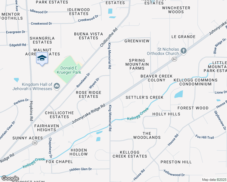 map of restaurants, bars, coffee shops, grocery stores, and more near 7639 King Memorial Road in Mentor