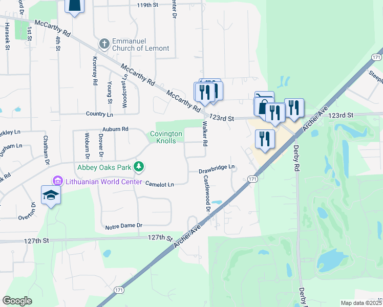 map of restaurants, bars, coffee shops, grocery stores, and more near 1415 Roscommon Way in Lemont