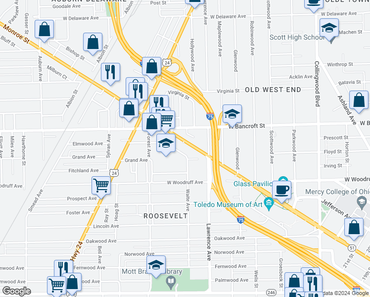 map of restaurants, bars, coffee shops, grocery stores, and more near 2749 Monroe St in Toledo
