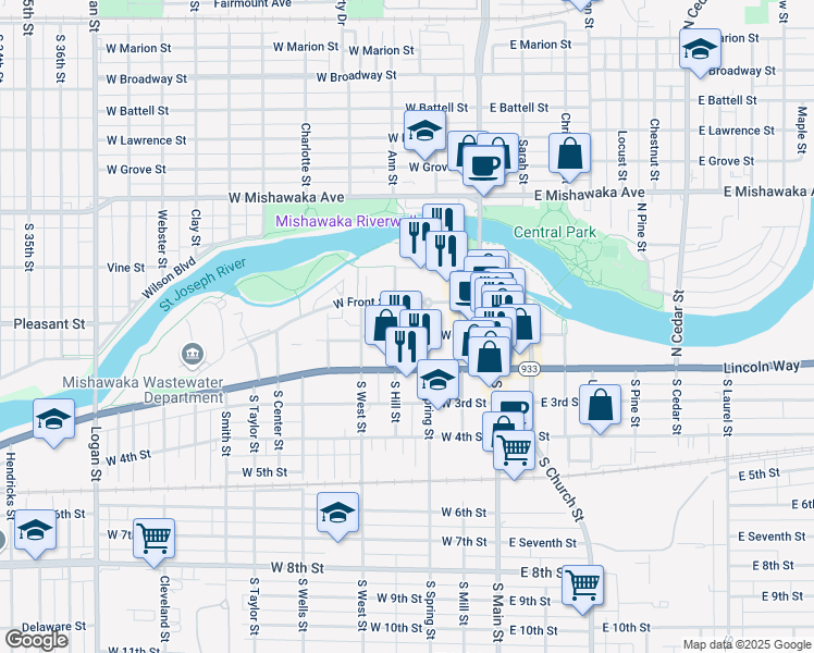 map of restaurants, bars, coffee shops, grocery stores, and more near 318 West 1st Street in Mishawaka
