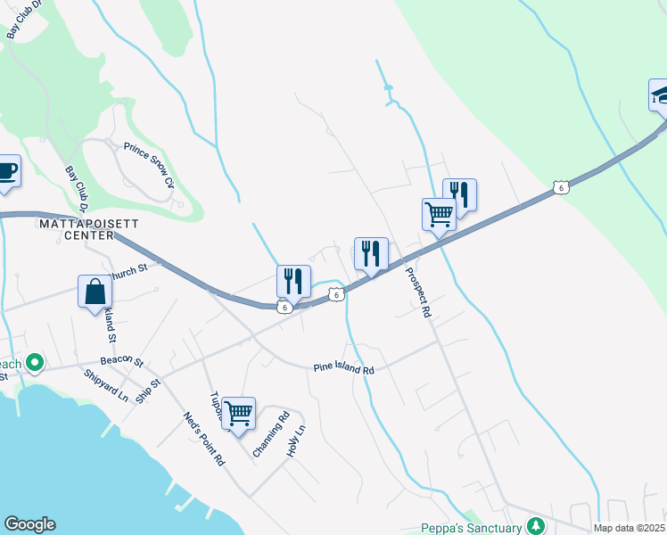 map of restaurants, bars, coffee shops, grocery stores, and more near 5 Brookside Drive in Mattapoisett