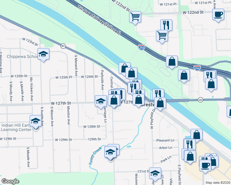map of restaurants, bars, coffee shops, grocery stores, and more near 12615 Central Avenue in Alsip