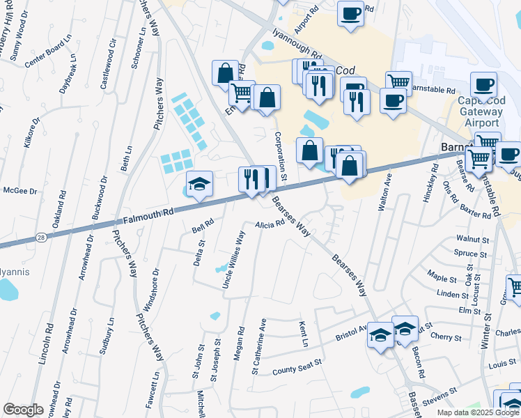 map of restaurants, bars, coffee shops, grocery stores, and more near 489 Bearses Way in Barnstable