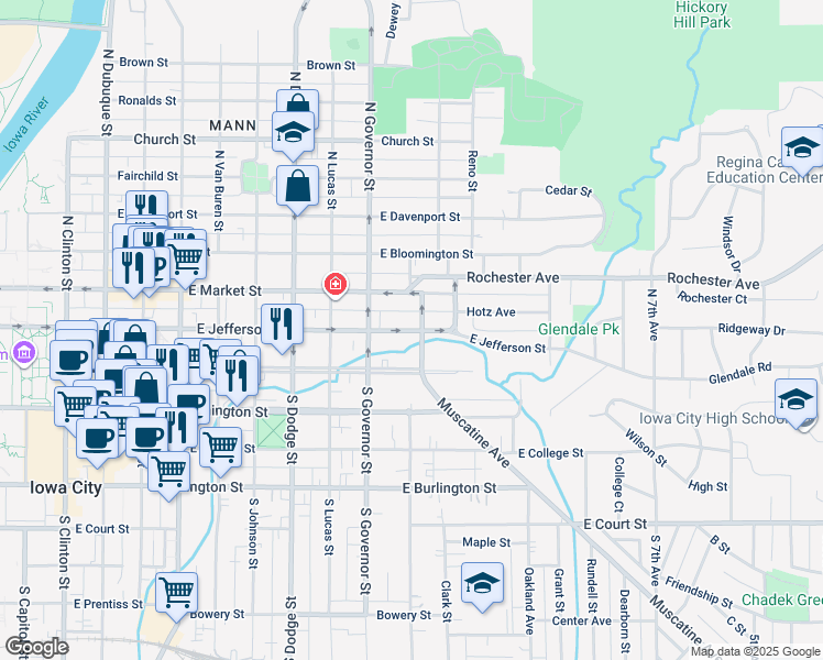 map of restaurants, bars, coffee shops, grocery stores, and more near 944 E Jefferson St in Iowa City