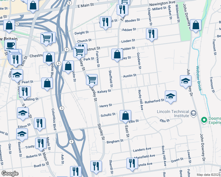 map of restaurants, bars, coffee shops, grocery stores, and more near 62 Kelsey Street in New Britain