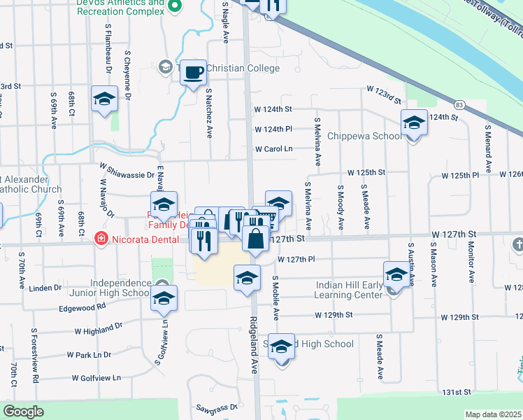 map of restaurants, bars, coffee shops, grocery stores, and more near 12657 S Ridgeland Ave in Palos Heights