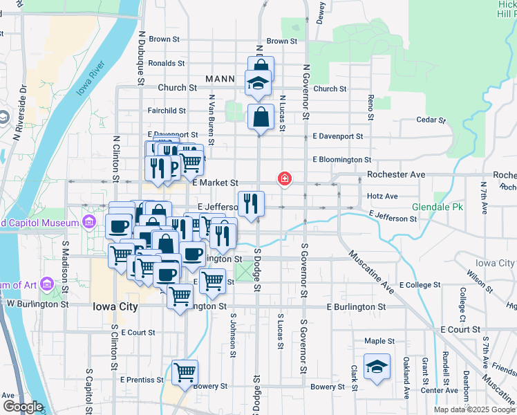 map of restaurants, bars, coffee shops, grocery stores, and more near East Jefferson Street in Iowa City