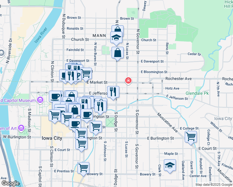 map of restaurants, bars, coffee shops, grocery stores, and more near East Jefferson Street in Iowa City