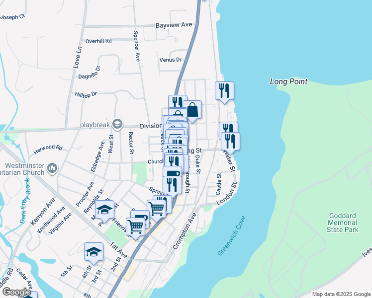 map of restaurants, bars, coffee shops, grocery stores, and more near 6 King Street in East Greenwich