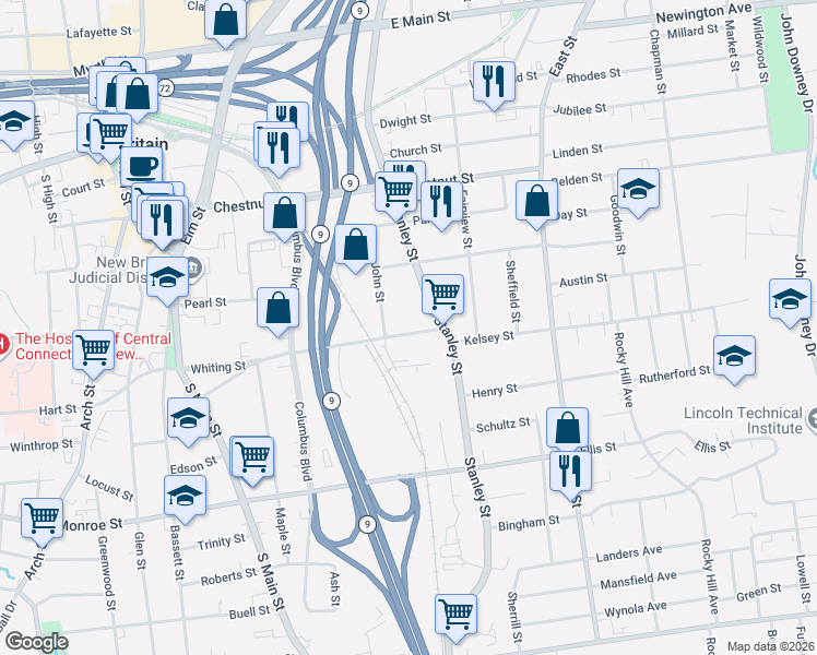 map of restaurants, bars, coffee shops, grocery stores, and more near 234 Whiting Street in New Britain