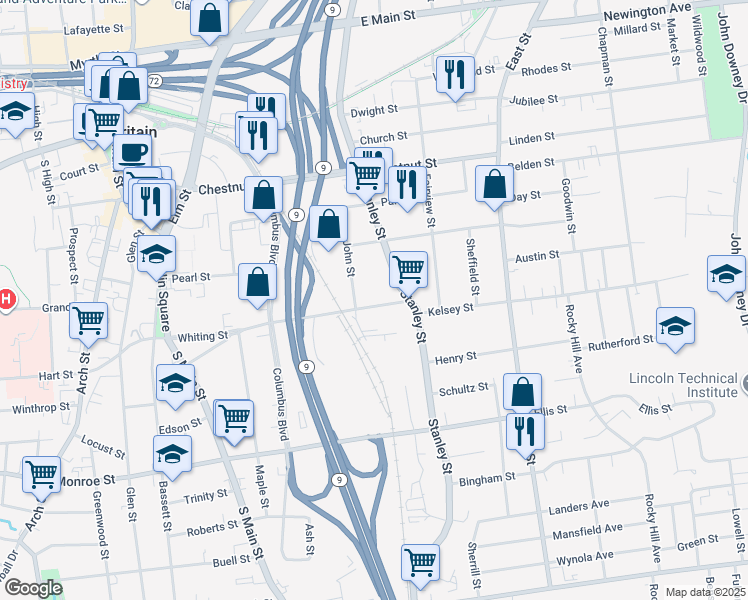 map of restaurants, bars, coffee shops, grocery stores, and more near 234 Whiting Street in New Britain