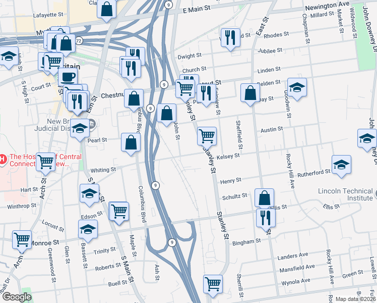map of restaurants, bars, coffee shops, grocery stores, and more near 234 Whiting Street in New Britain