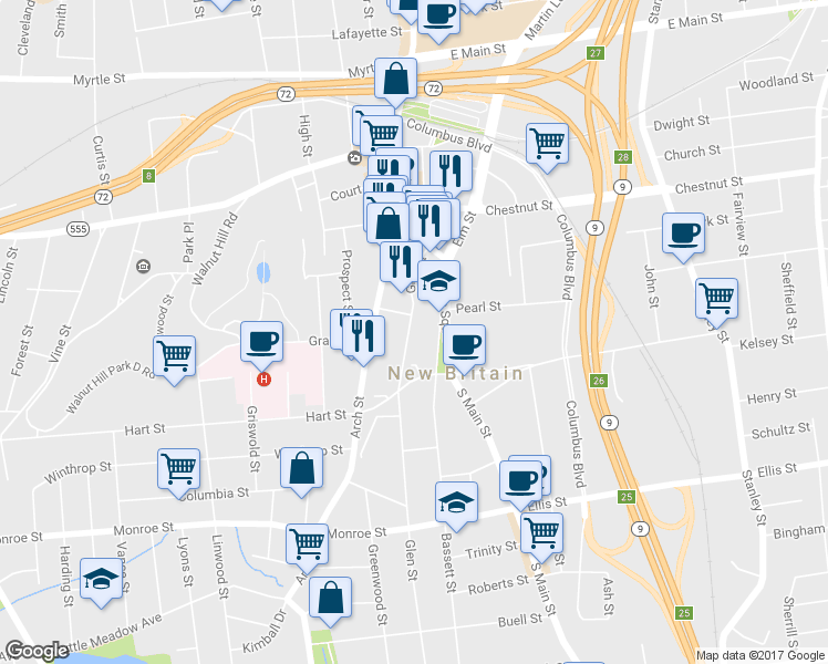 map of restaurants, bars, coffee shops, grocery stores, and more near 95 Glen Street in New Britain