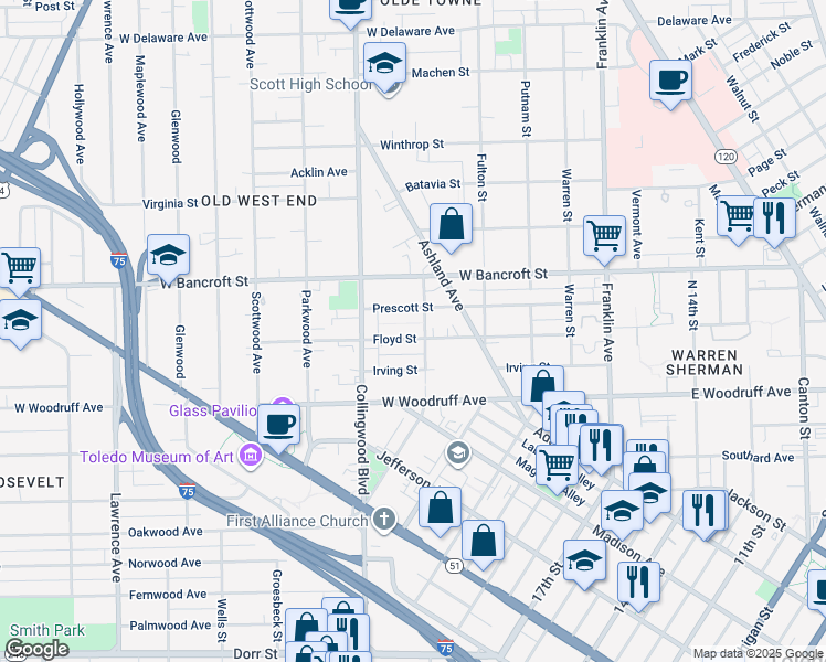 map of restaurants, bars, coffee shops, grocery stores, and more near 414 Floyd Street in Toledo
