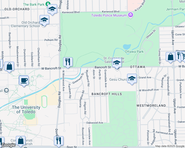 map of restaurants, bars, coffee shops, grocery stores, and more near 2145 Alvin Street in Toledo