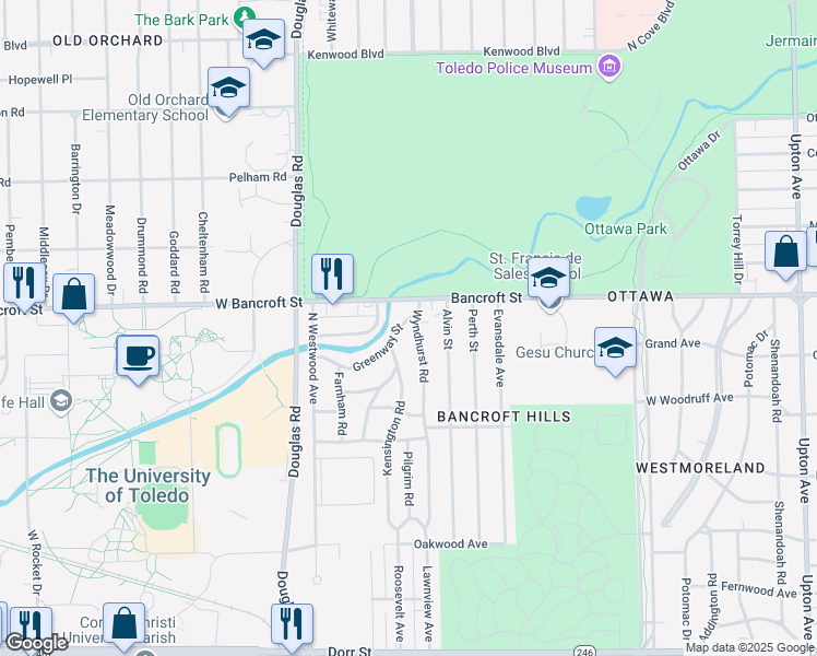 map of restaurants, bars, coffee shops, grocery stores, and more near 2547 Greenway Street in Toledo