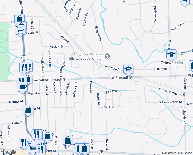 map of restaurants, bars, coffee shops, grocery stores, and more near 4804 West Bancroft Street in Toledo