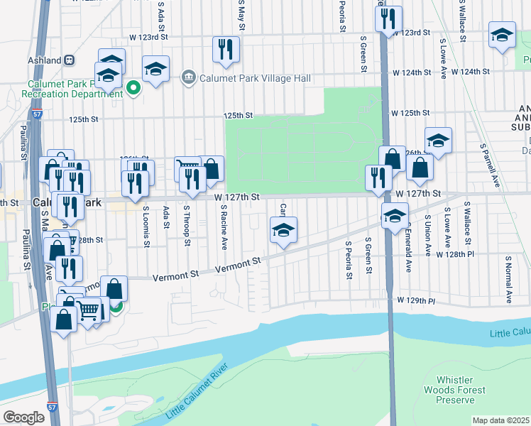 map of restaurants, bars, coffee shops, grocery stores, and more near 1121 West 127th Street in Calumet Park
