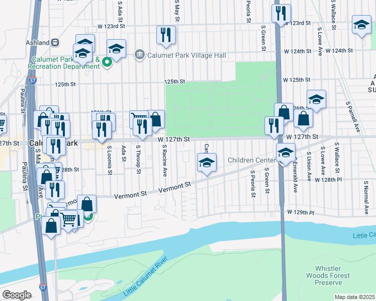 map of restaurants, bars, coffee shops, grocery stores, and more near 1121 West 127th Street in Calumet Park