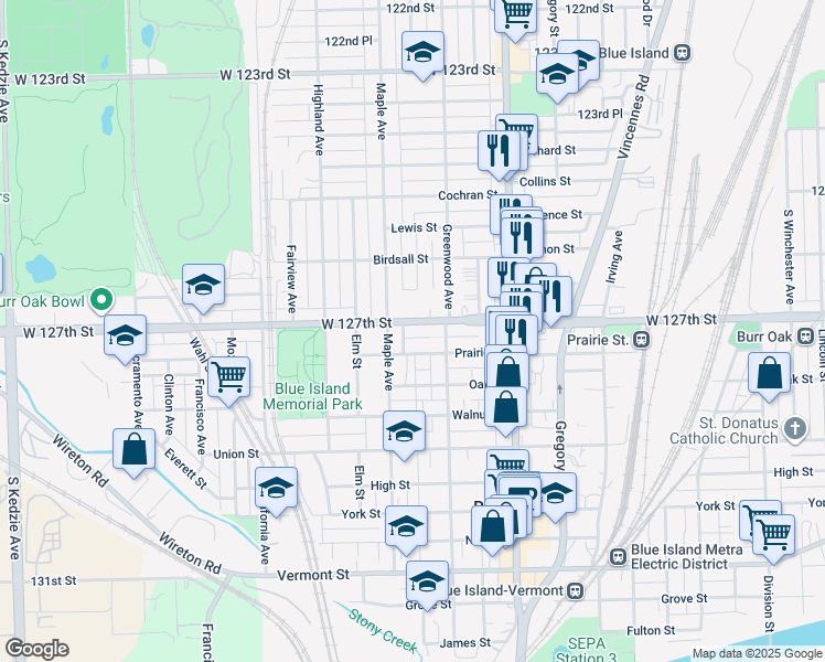 map of restaurants, bars, coffee shops, grocery stores, and more near 2533 Burr Oak Avenue in Blue Island