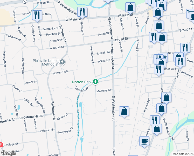 map of restaurants, bars, coffee shops, grocery stores, and more near 42 Hemingway Street in Plainville