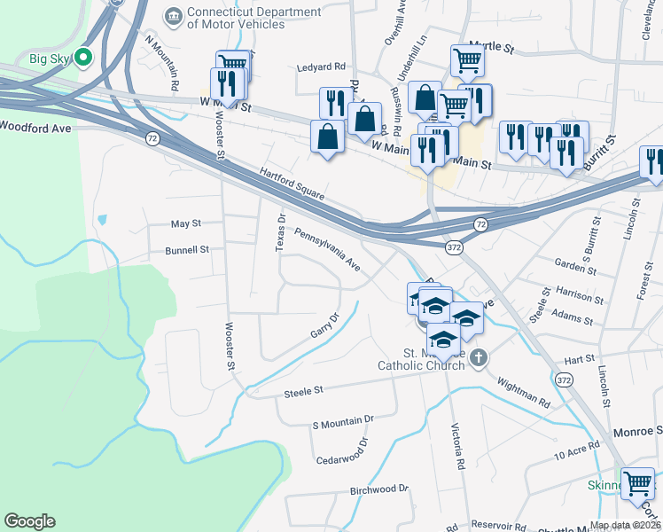 map of restaurants, bars, coffee shops, grocery stores, and more near 66 Garry Drive in New Britain