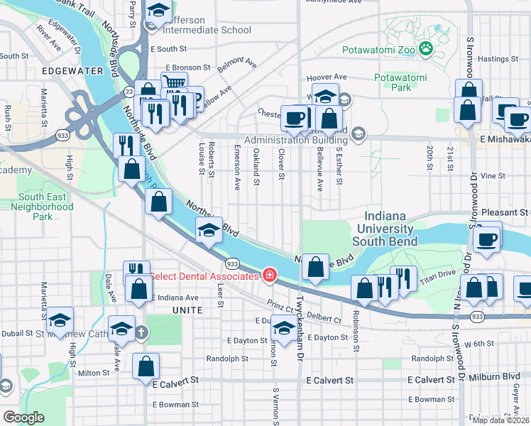 map of restaurants, bars, coffee shops, grocery stores, and more near 1408 Hildreth Street in South Bend