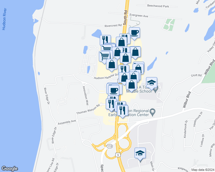 map of restaurants, bars, coffee shops, grocery stores, and more near 15 Van Siclen Drive in Poughkeepsie