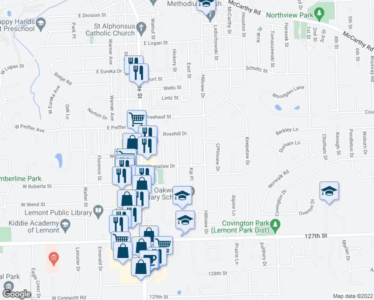 map of restaurants, bars, coffee shops, grocery stores, and more near 1026 Kip Place in Lemont