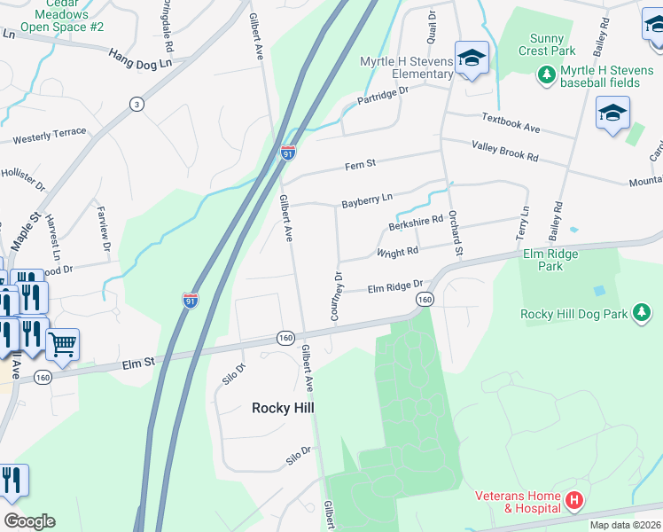 map of restaurants, bars, coffee shops, grocery stores, and more near 77 Courtney Drive in Rocky Hill