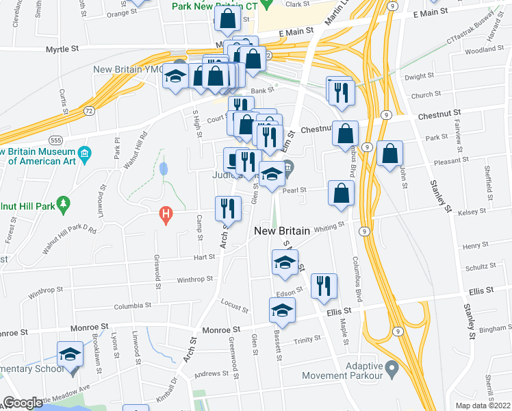map of restaurants, bars, coffee shops, grocery stores, and more near 94 Glen Street in New Britain