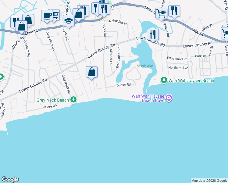 map of restaurants, bars, coffee shops, grocery stores, and more near 11 Dunes Road in Harwich