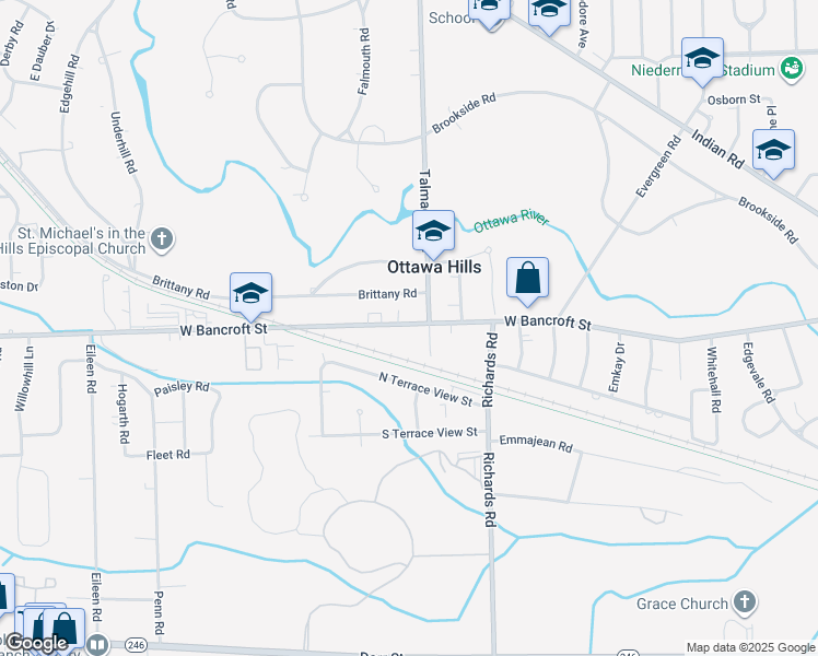 map of restaurants, bars, coffee shops, grocery stores, and more near 4343 West Bancroft Street in Ottawa Hills
