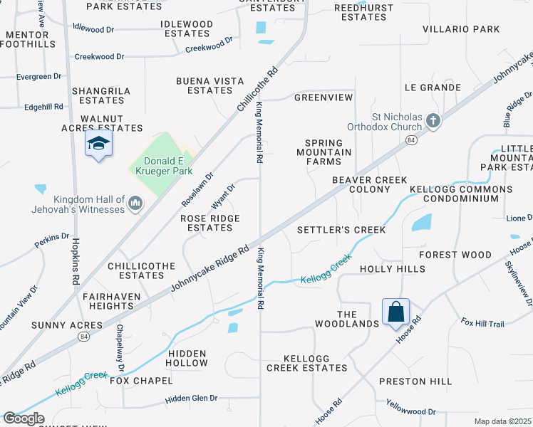 map of restaurants, bars, coffee shops, grocery stores, and more near 7639 King Memorial Road in Mentor