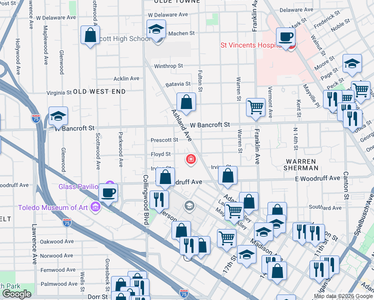 map of restaurants, bars, coffee shops, grocery stores, and more near 330 Floyd St in Toledo