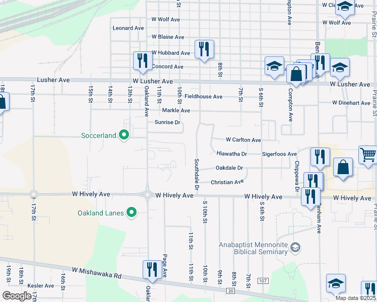 map of restaurants, bars, coffee shops, grocery stores, and more near 950 Oakland Estates Dr in Elkhart
