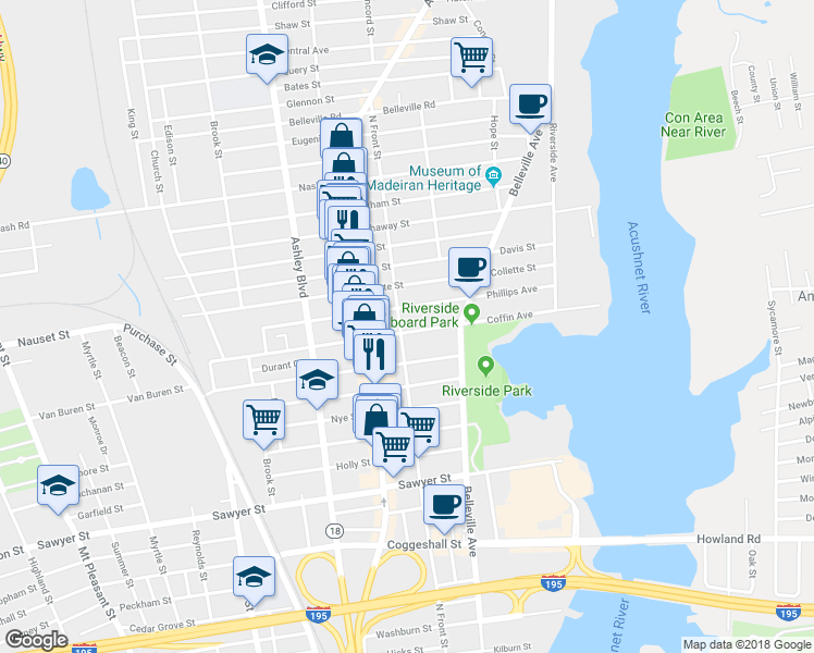 map of restaurants, bars, coffee shops, grocery stores, and more near 215 Coffin Avenue in New Bedford