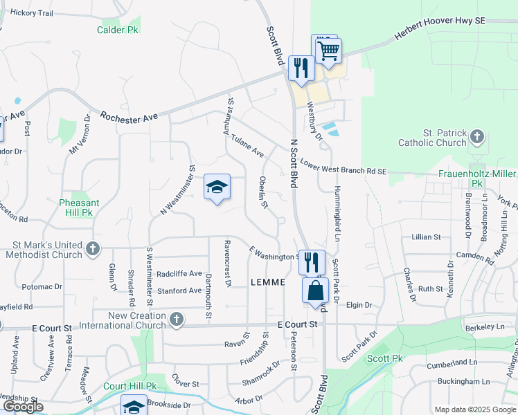 map of restaurants, bars, coffee shops, grocery stores, and more near 109 Oberlin Street in Iowa City