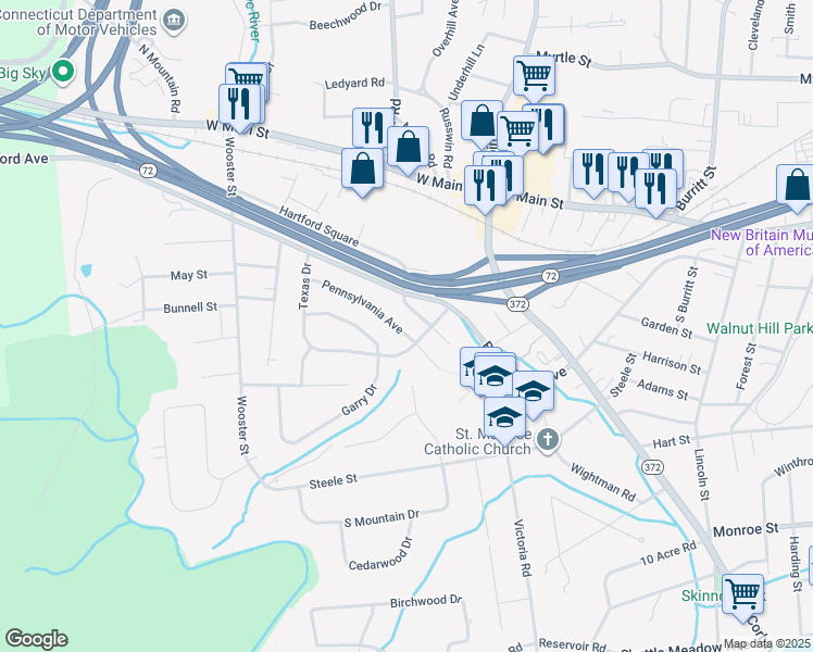 map of restaurants, bars, coffee shops, grocery stores, and more near 55 Pennsylvania Avenue in New Britain