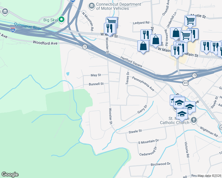map of restaurants, bars, coffee shops, grocery stores, and more near 216 Wooster Street in New Britain