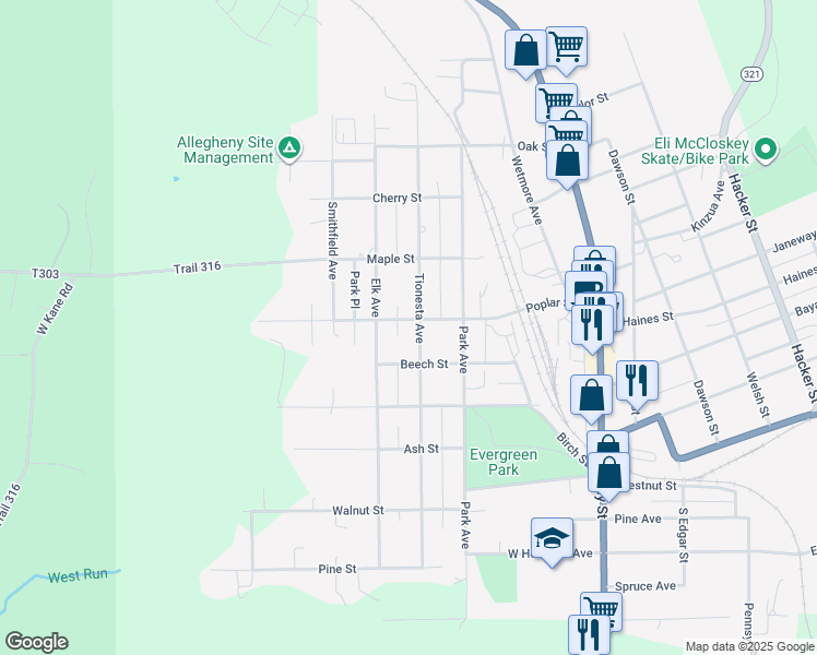 map of restaurants, bars, coffee shops, grocery stores, and more near 201-299 Poplar Street in Kane