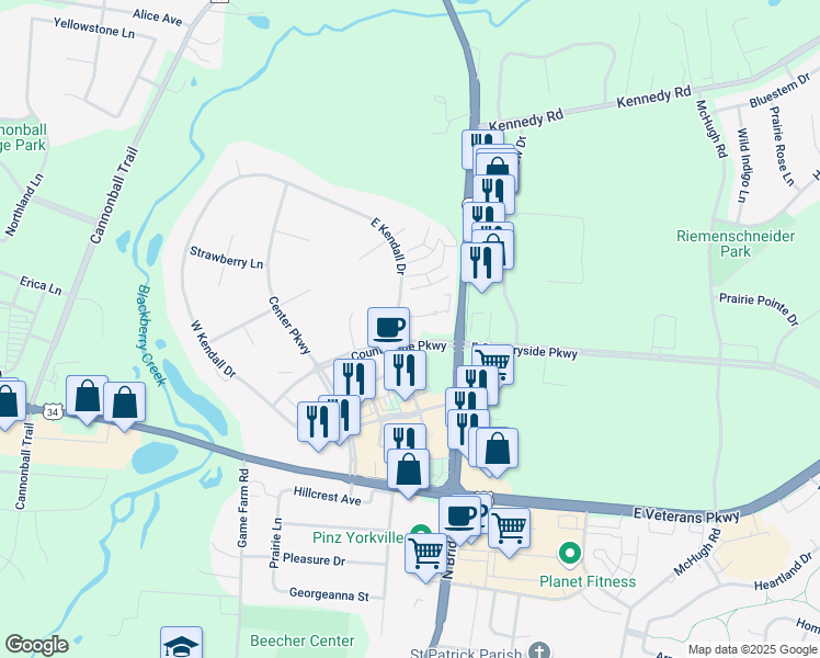 map of restaurants, bars, coffee shops, grocery stores, and more near 302 Mulhern Court in Yorkville