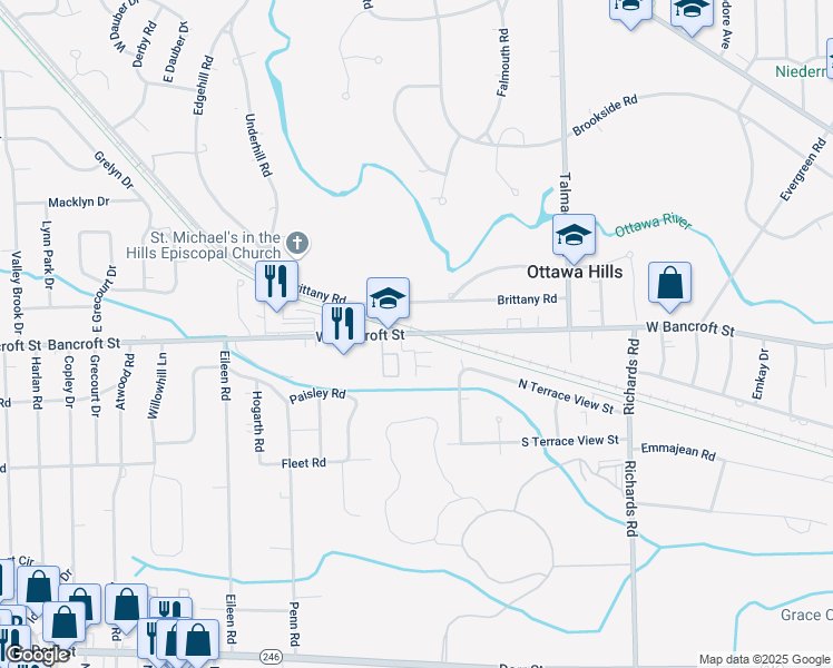 map of restaurants, bars, coffee shops, grocery stores, and more near West Bancroft Street in Toledo