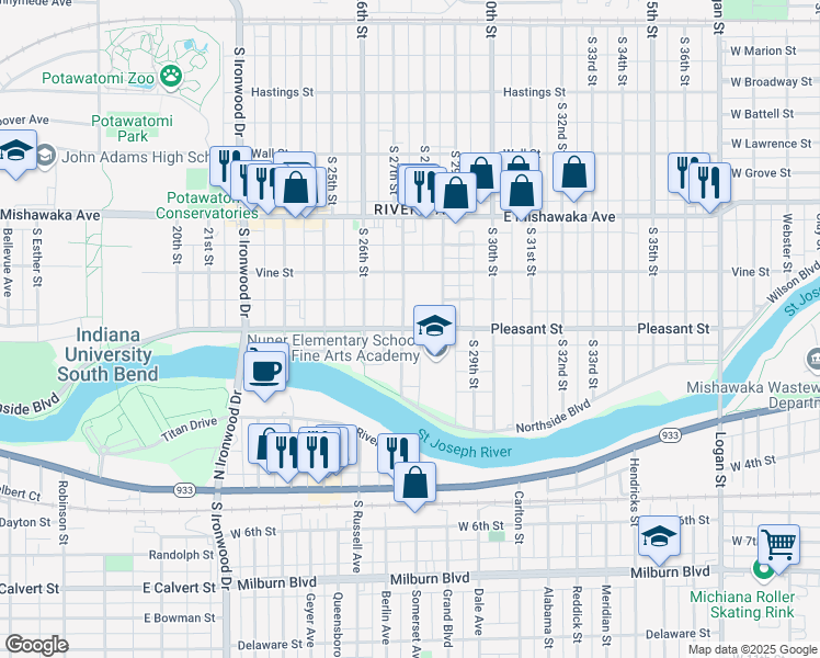 map of restaurants, bars, coffee shops, grocery stores, and more near 2716 Pleasant Street in South Bend